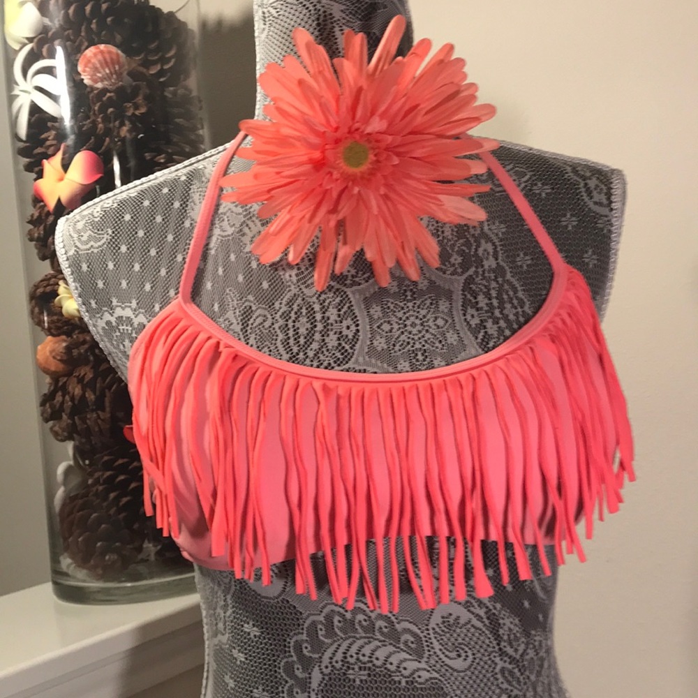 XHILARATION Peach/Coral Fringe Bandeau Bikini Top